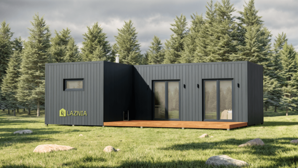 Кутова баня 6,4х9м з терасою і спальнею – 57,6 м²