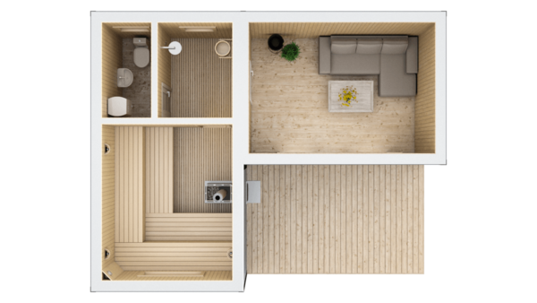 Кутова баня 7х5,5м з терасою – 28,5 м²