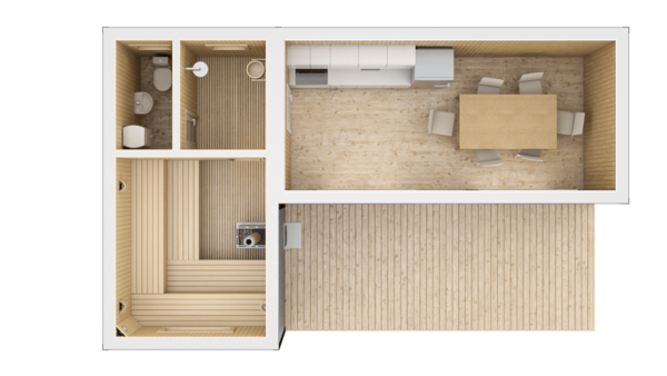 Кутова баня 9х5,5м з кухонною зоною – 28,5 м²