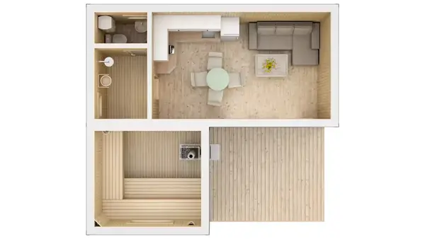 Кутова баня 6,4х7м з терасою і кухонною зоною – 44,8 м²