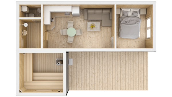 Кутова баня 6,4х9м з терасою і спальнею – 57,6 м²