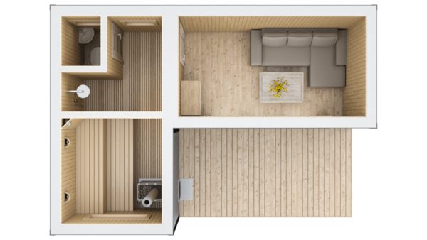 Кутова баня з терасою, душовою і туалетом – 20,4 м²