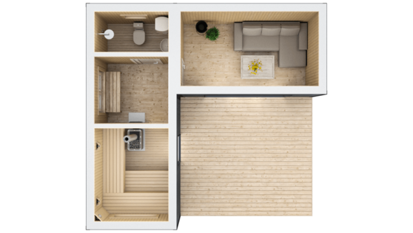 Кутова баня 6,4х6м з душовою і терасою – 24 м²