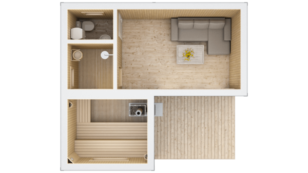 Кутова баня 5,4х6 з терасою та кімнатою відпочинку – 25,2 м²